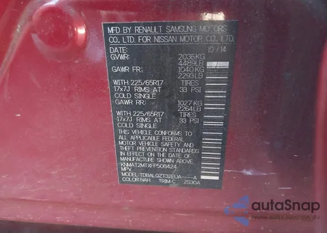 2015 Nissan Rogue Sv z USA, uszkodzony, nr VIN KNMAT2MTXFP508424